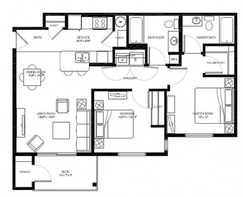 Floor plan for 2 beds, 2 baths, 955 sqft